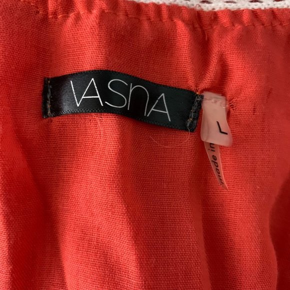 Vasna Fit N Flare Cotton Lace Dress L Coral Orange V Neck Lined Boho Knee Length - Picture 7 of 7